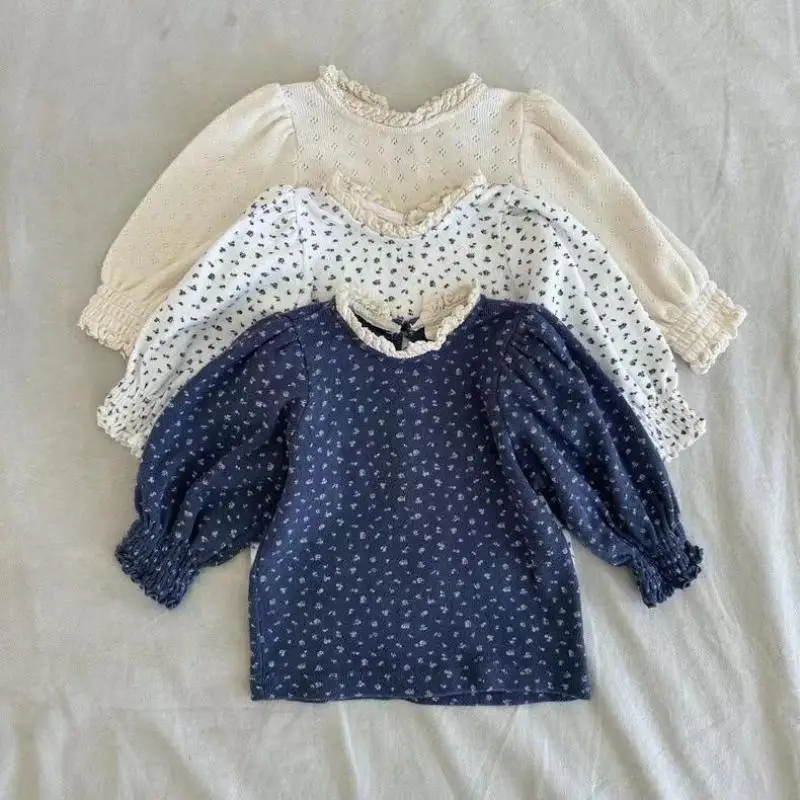 2024 Autumn New Baby Long Sleeve T Shirts Infant Girl Floral Shirts Children Cotton Puff Sleeve Tops Toddler Clothes