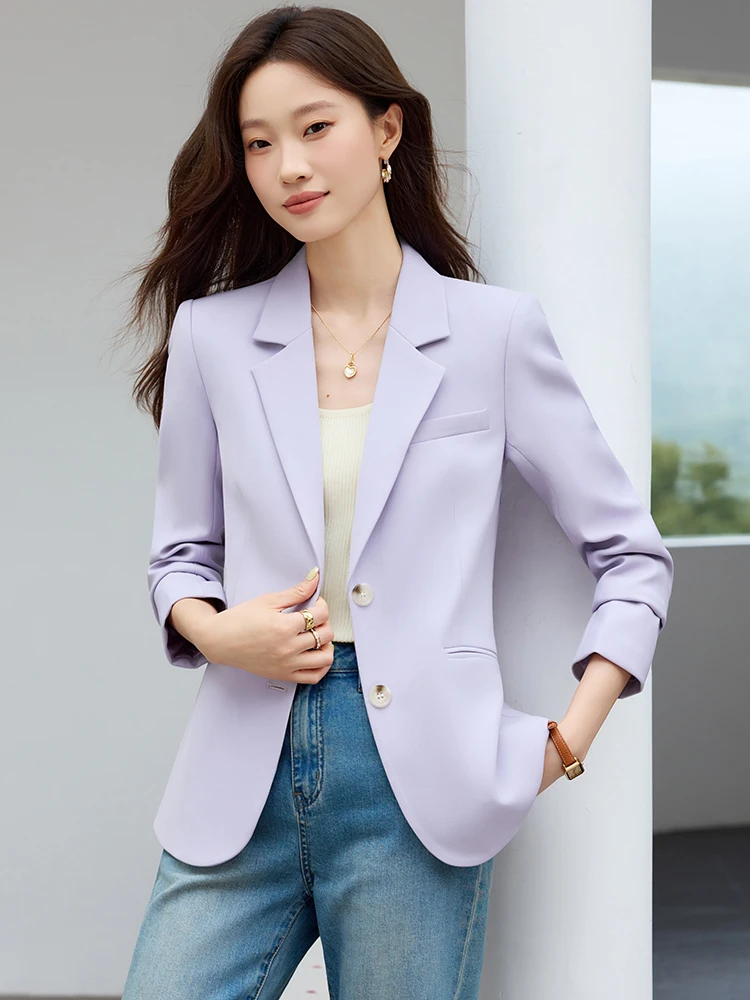 Purple Suit Jacket Women's Casual Fashionable Lightweight Polyester Fiber Anti-Wrinkle Long Sleeve round Hemline Single Button