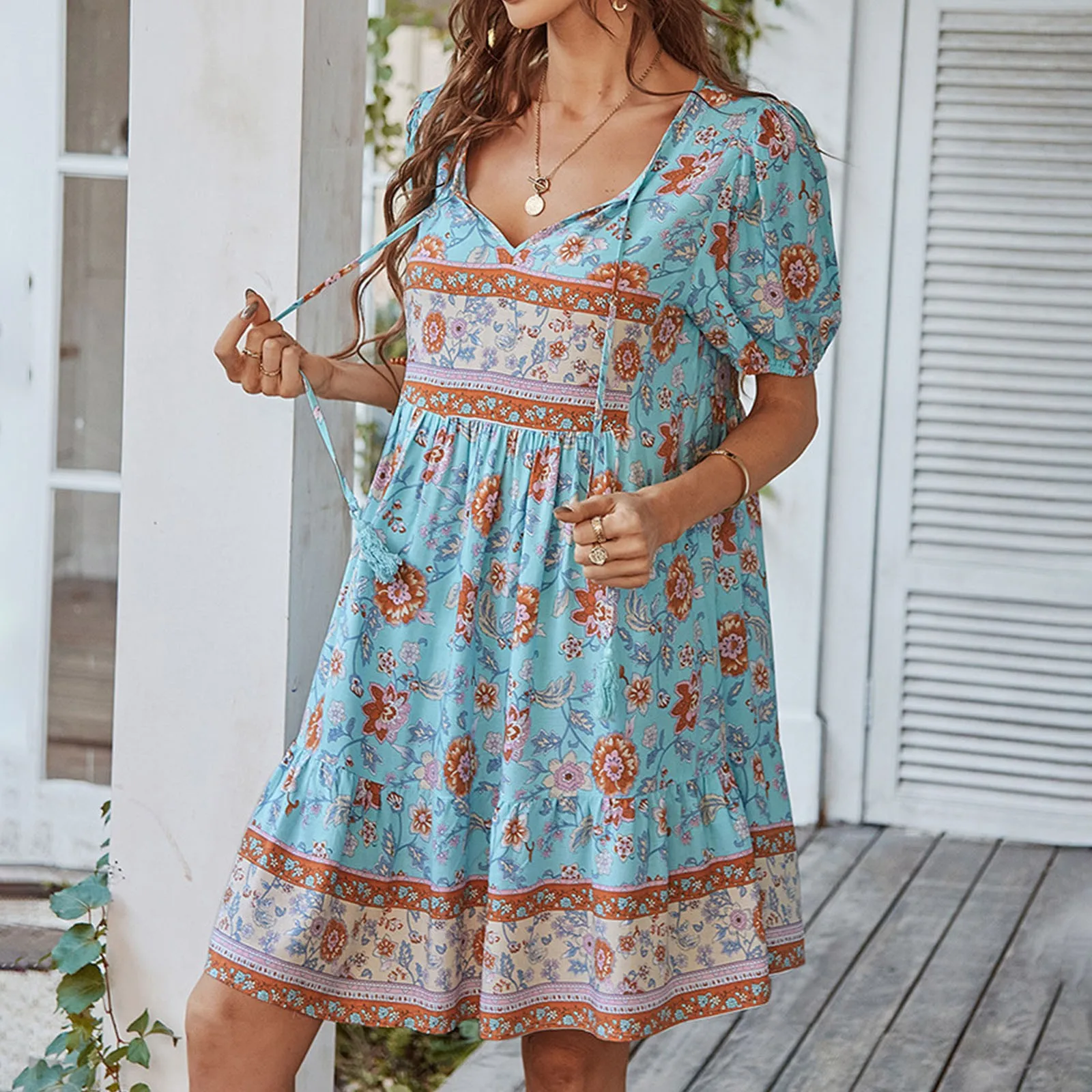 Dames Boho Korte Bloemenprint Zomerjurk Vrouwen Losse Casual Hoge Taille Ruches Mouw Mini Vrouwen Jurk Vrouwelijke Gewaad vestidos