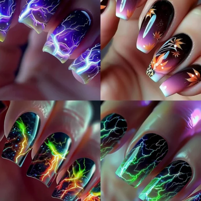 البرق شريط تلطيخ الصحافة على الأظافر وهمية منتصف طول رئيس مربع الأظافر كاذبة الأخضر يمكن ارتداؤها موضة كامل مسمار الفن نصائح