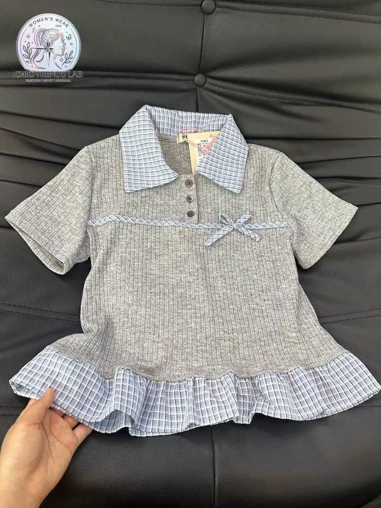 Women Korean Plaid Polo Collar Crop Top Patchwork Ruffle Hem Bow Slim Fit Short Sleeve 2-in-1 Layered Y2K Coquette Aesthetic Tee
