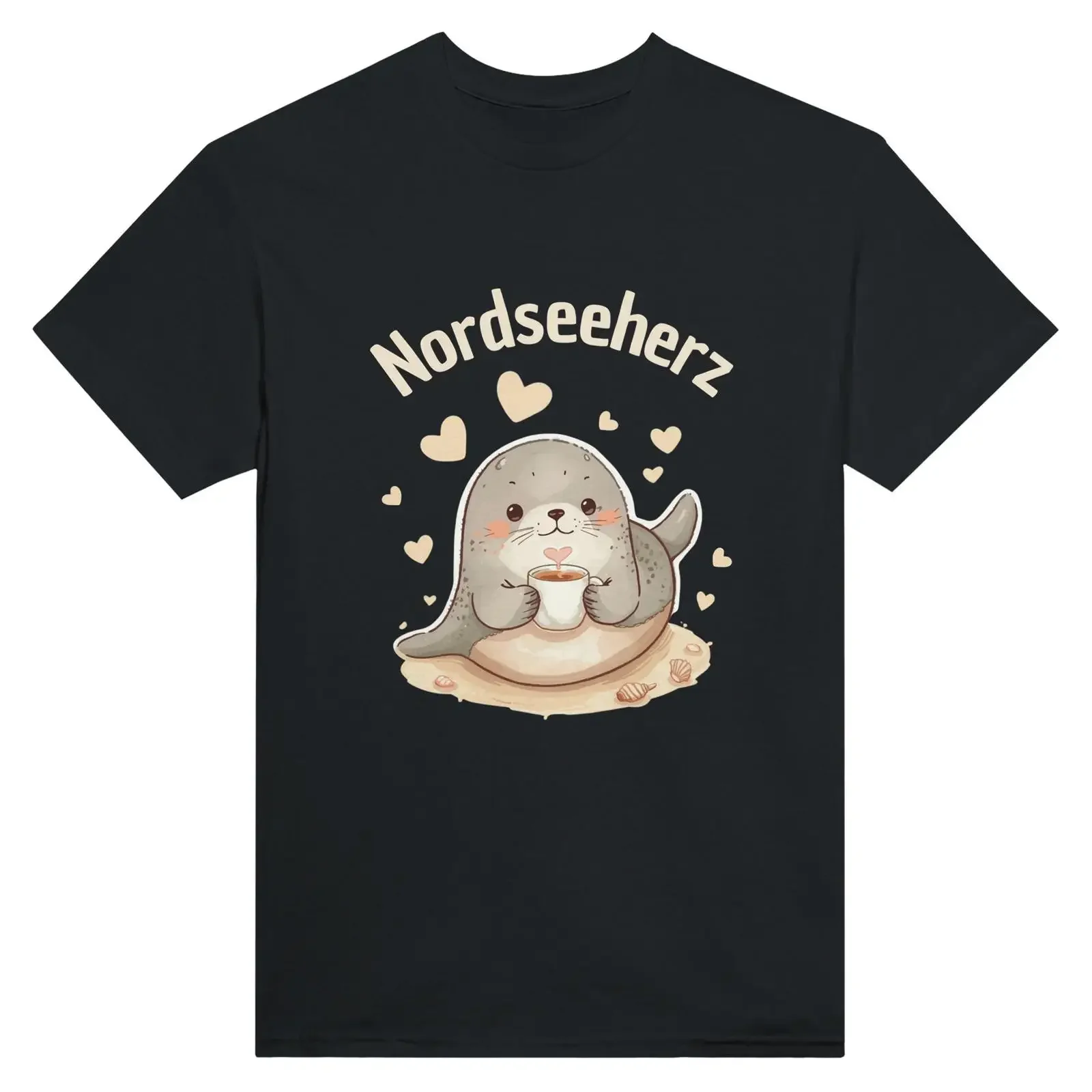 Nordseeherz Cute Seal with Coffee T Shirt North Sea Coastal Beach Holiday for East Frisia Lover Casual vintage Washed