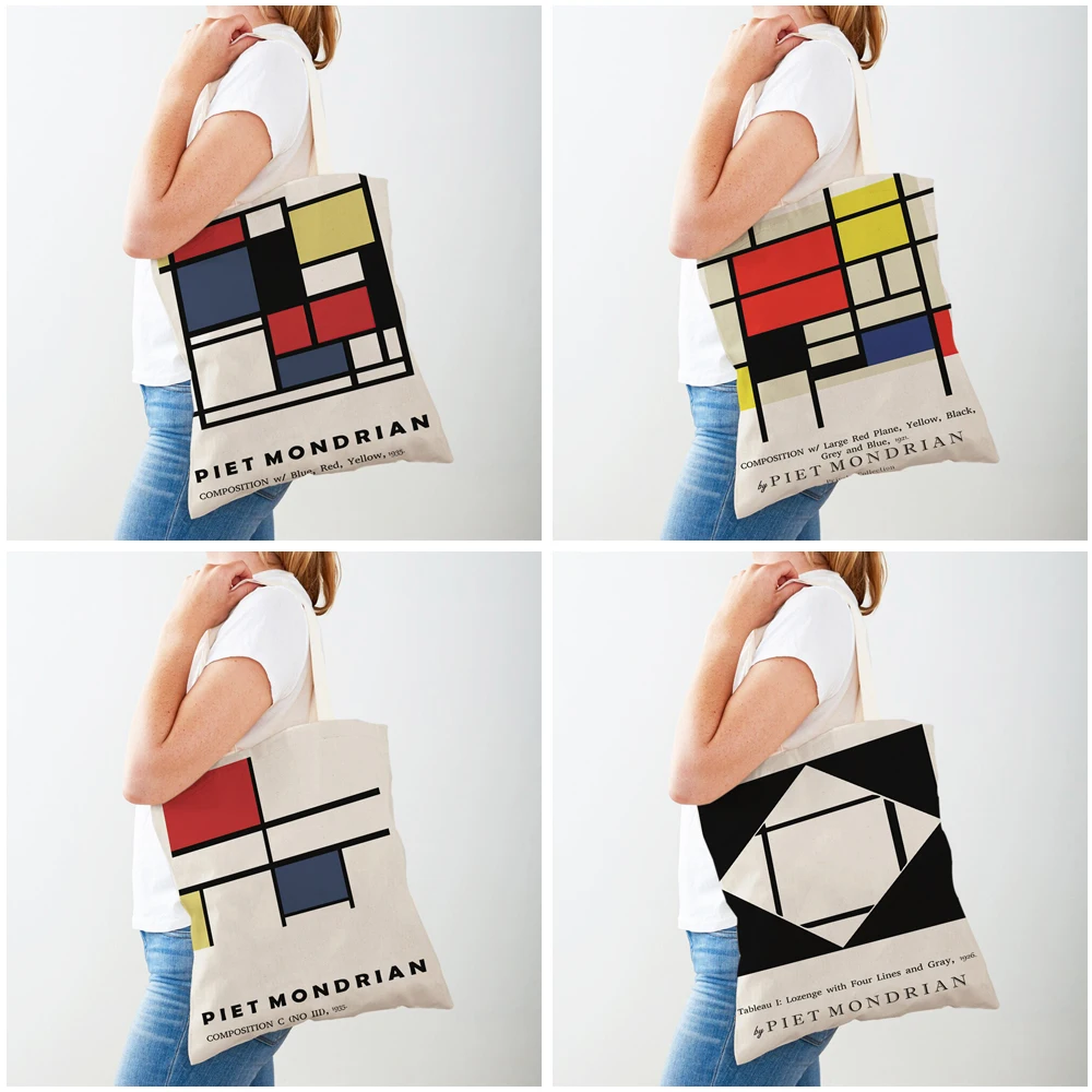Piet Mondrian linea geometrica Color Block doppia stampa Shopping Bag donna Shopper borse Lady Canvas Tote borsa da viaggio riutilizzabile