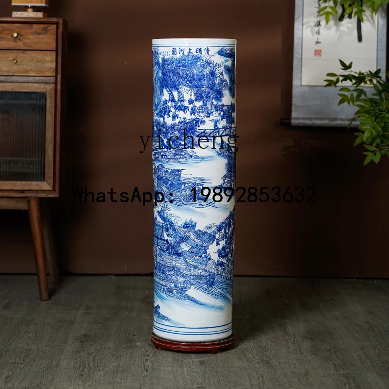 السيراميك الأزرق والأبيض الخزف من الأرض إلى السقف مزهرية كبيرة جعبة غرفة المعيشة زخرفة اسطوانة التخزين الصينية الجديدة