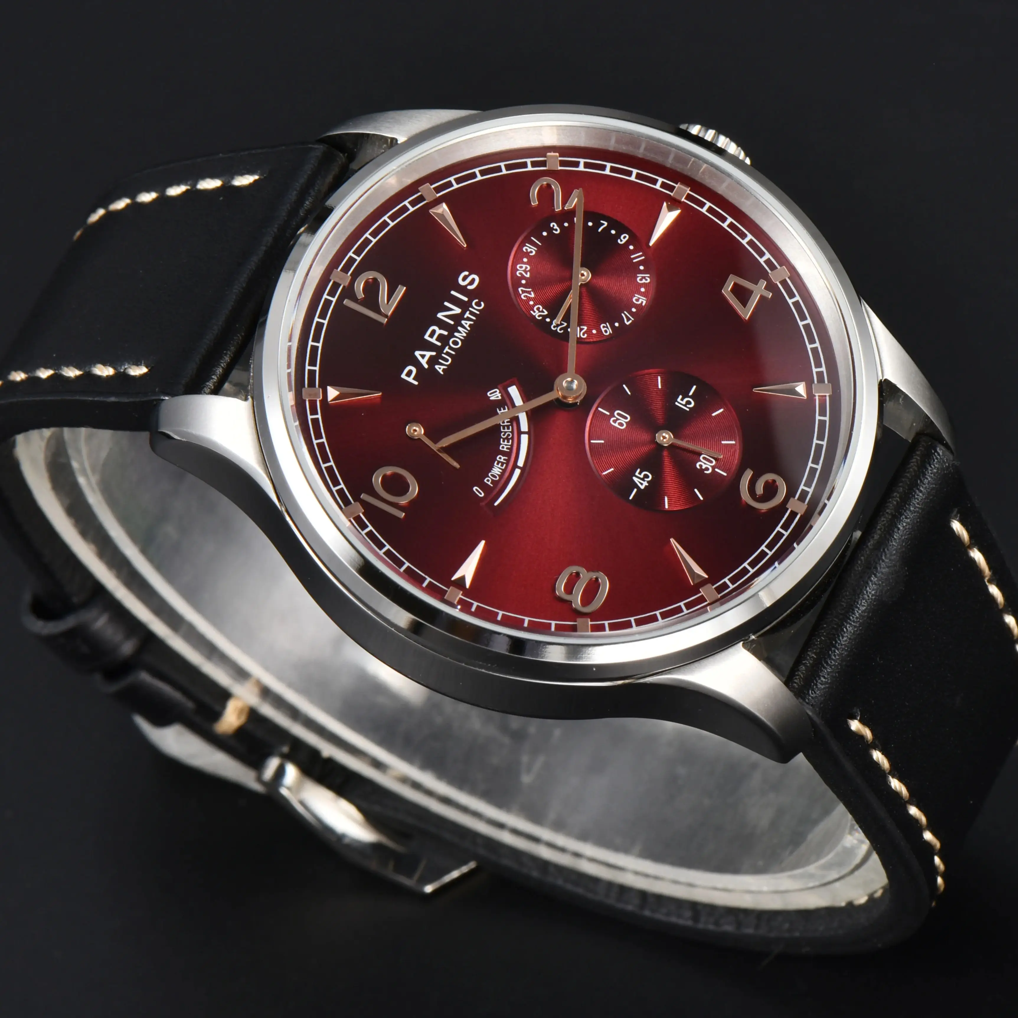Fashion Parnis 41.5MM Red Dial Mechanical Automatic Movement Men's Watch Power Reserve Leather Strap Sports Wristwatches For Men