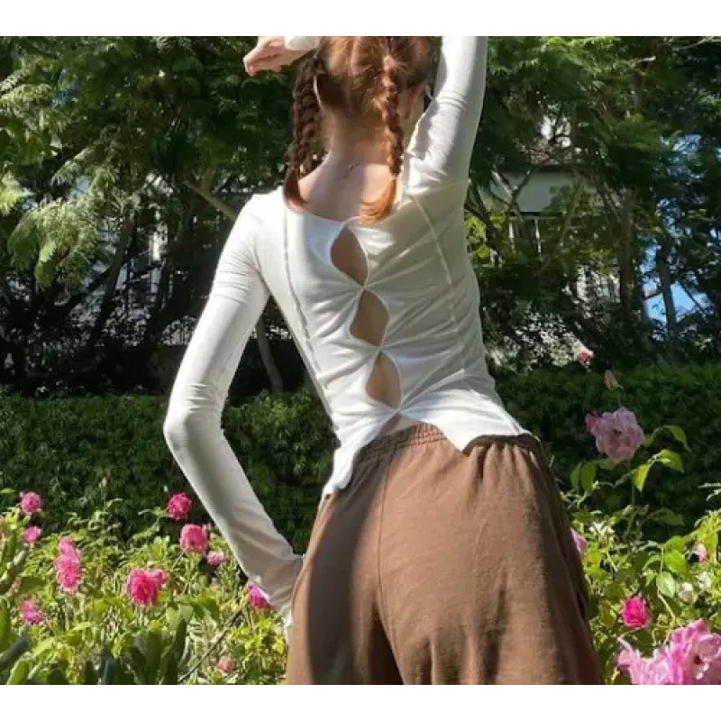 ضروري لسيارات Y2K! بلوزة رمادية مجوفة - رفيعة - بأكمام طويلة مع مشاعر جمالية قوية