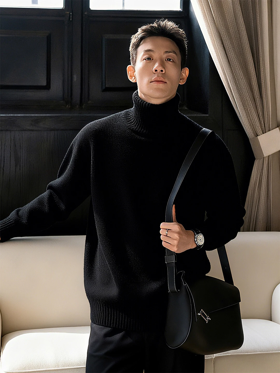 

Bla High Collar Flip Mens Knit Sweater Slim Fit Briti Sle Autumn Winter Warm Base Layer irt Sli Nat