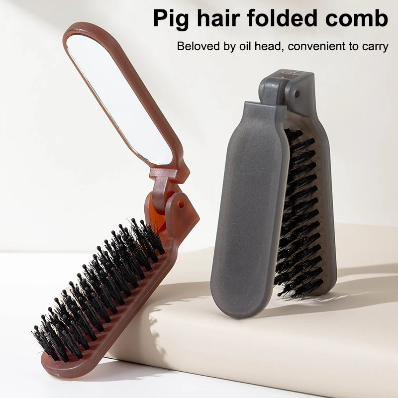 

{YY30} Mane Bristle Hair Brush Foldable Portable Comb With Mirror Pocket Collapsible Travel Massage Hair Styling Tool Salon Gift