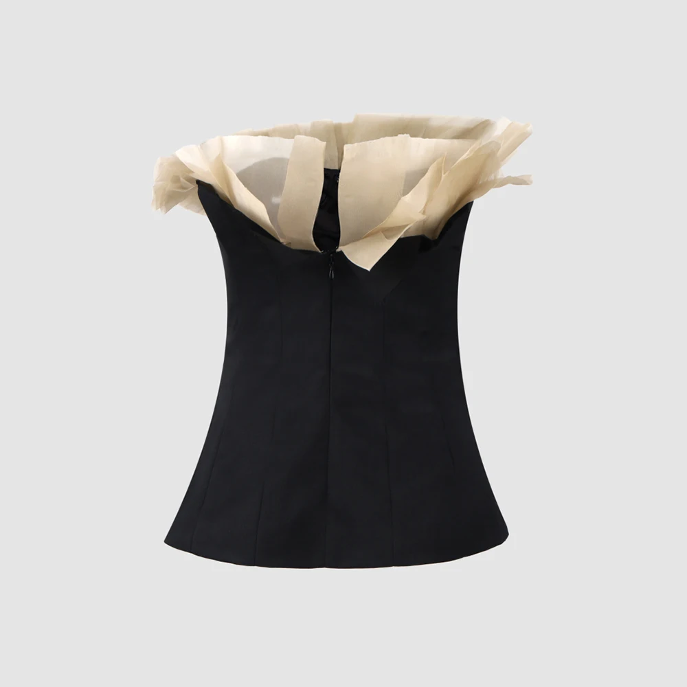 Elegant Off Shoulder Ruffle Tube Top Women Wool Blend Strapless Corset Top Vintage Sleeveless Bustier Camisole Party Crop Top