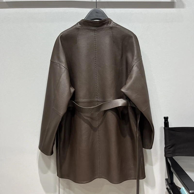 Frauen Echte Leder Jacke Herbst High-End Importiert Ziegenleder Lychee Muster Lange Lose Faul Temperament Damen Leder Mantel