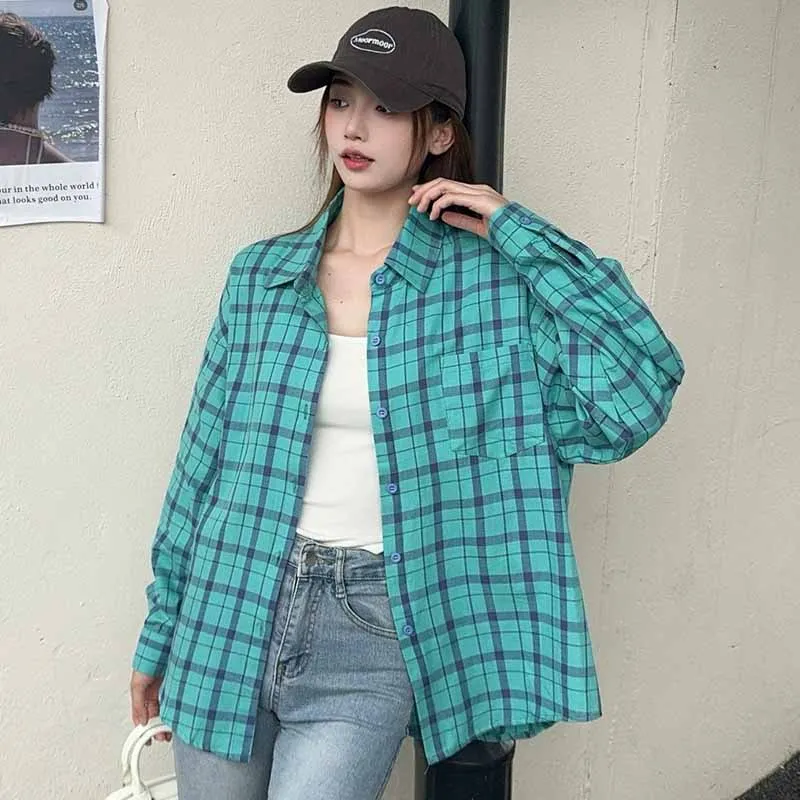2025 Nuova camicia a quadri per donna Primavera Autunno Streetwear Camicette a maniche lunghe alla moda Camicia a quadretti casual allentata in cotone da donna