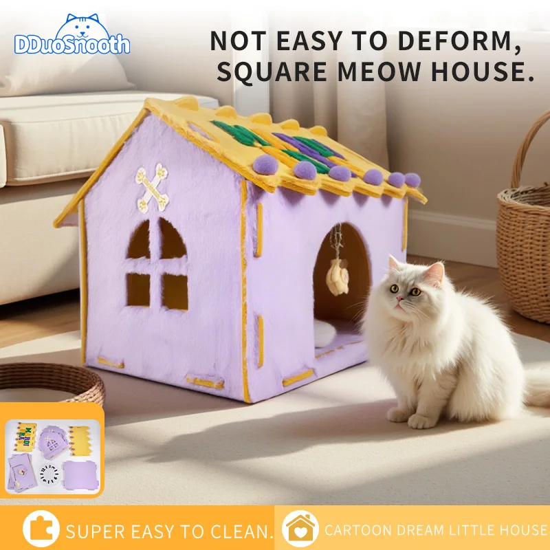 

Cute Cartoon House Cat Bed, Washable Cat House Cats Safety Pad For Small To Medium sized Cats, The Four Seasons