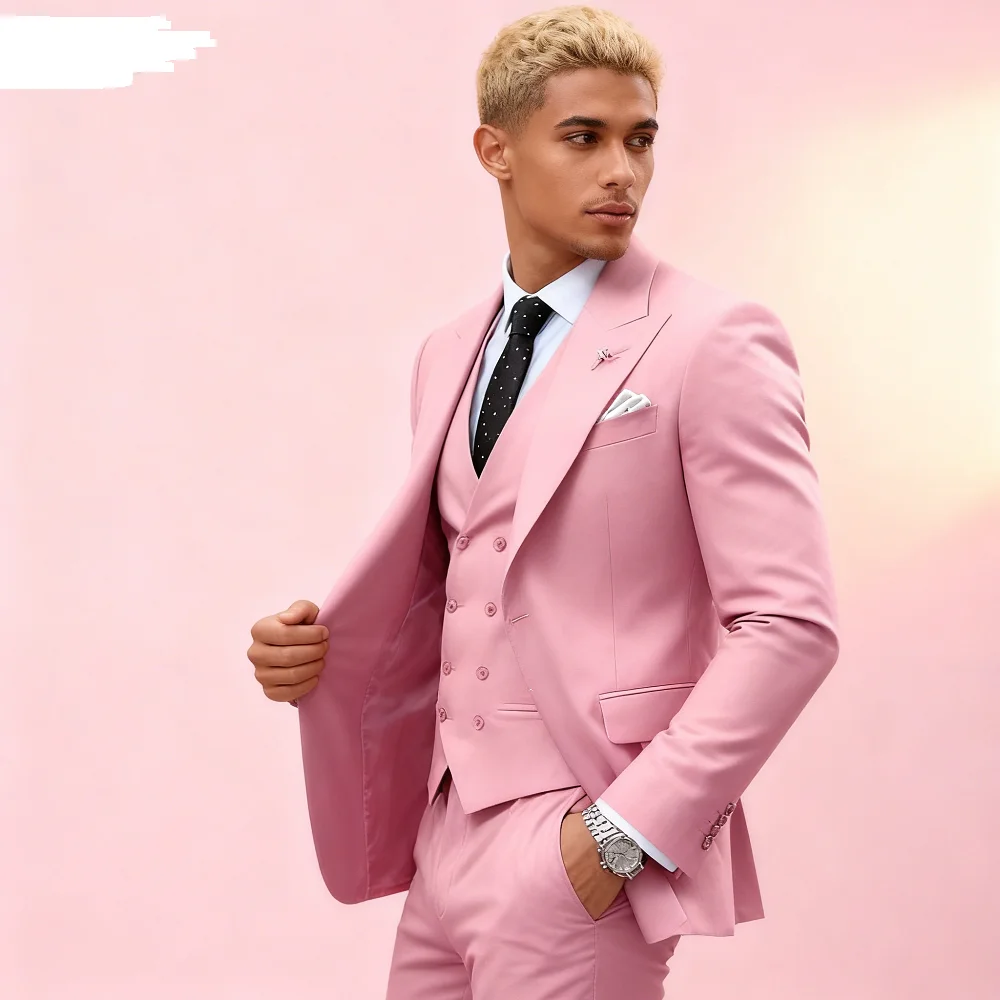 

Elegant Pink Men's Slim Fit 3-Piece Business Suits, Jacket Vest and Pant, Wedding Groom Tuxedos, Prom Formal Male Party Blazers