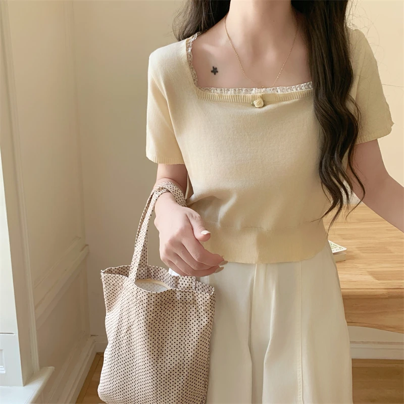 

Spring Summer New Korean Style Sweet 3D Simple 6 Wool Knit Sweater Women Lace Trim Square Neck Top