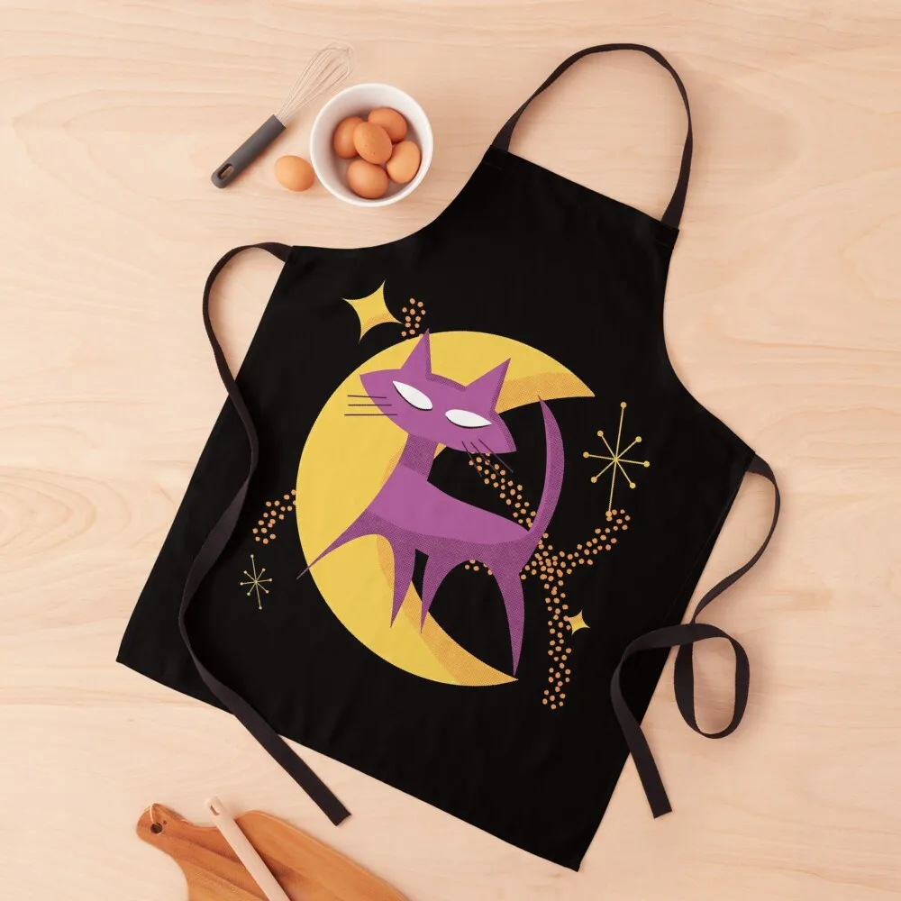

Atomic Cat in Moon Mid-Century Modern Halloween Scene Apron Kitchens For Men Kitchen Items For Home japanese style Apron