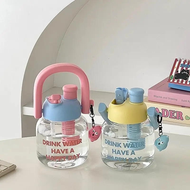 

High Temperature Resistant Large Capacity Double Drinking Straw Cup with Tea Compartment Large Handle Portable Glass Water Cup