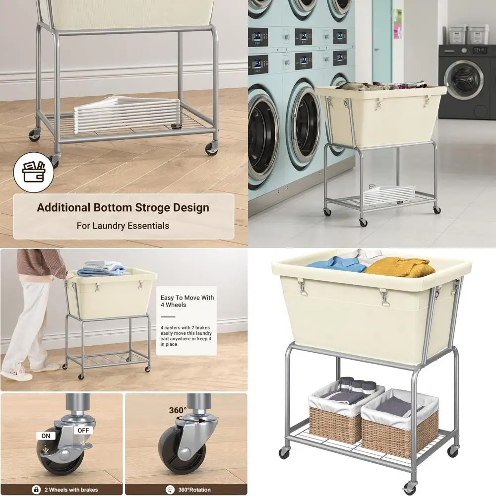 

Rolling Laundry Cart with Removable Bag, Metal Frame Hamper on Casters, Ideal for Home, Cream