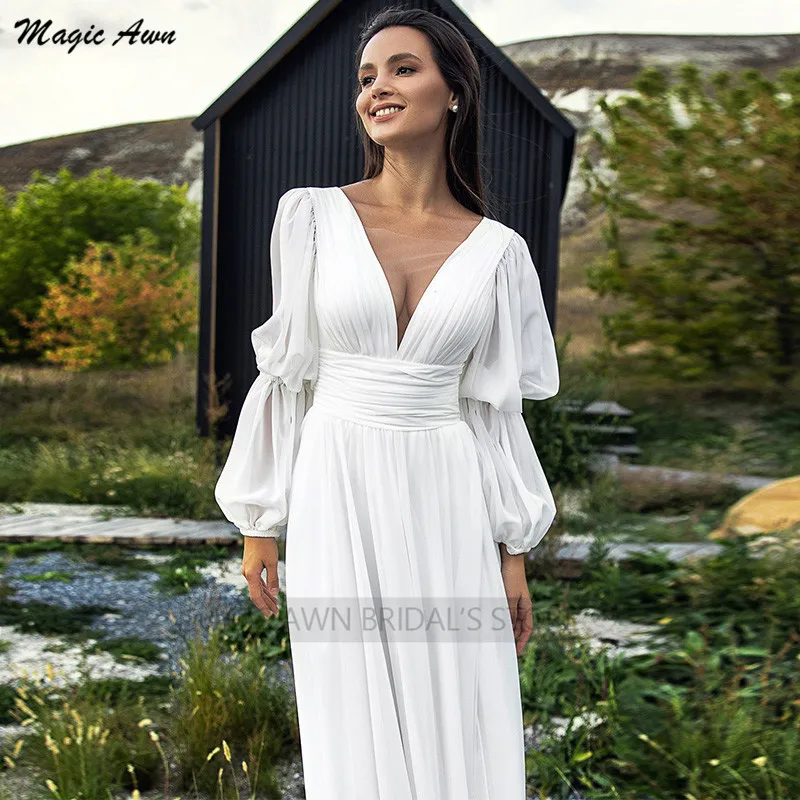 Magic Awn – robe De mariée bohème à manches longues, Illusion De col en v, Simple, en mousseline, robe De plage, ligne a, 2022