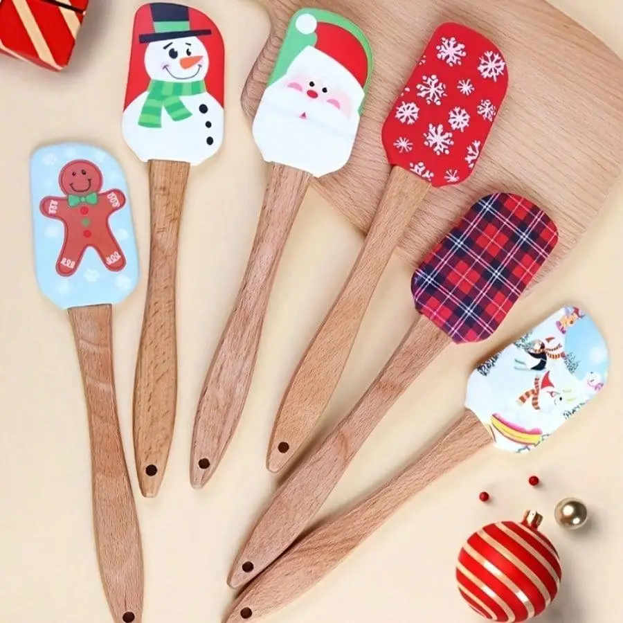 Christmas Silicone Spatulas - Wooden Handles, Snowflake, Snowman, Gingerbread For Man, Santa Claus & Reindeer Patterns