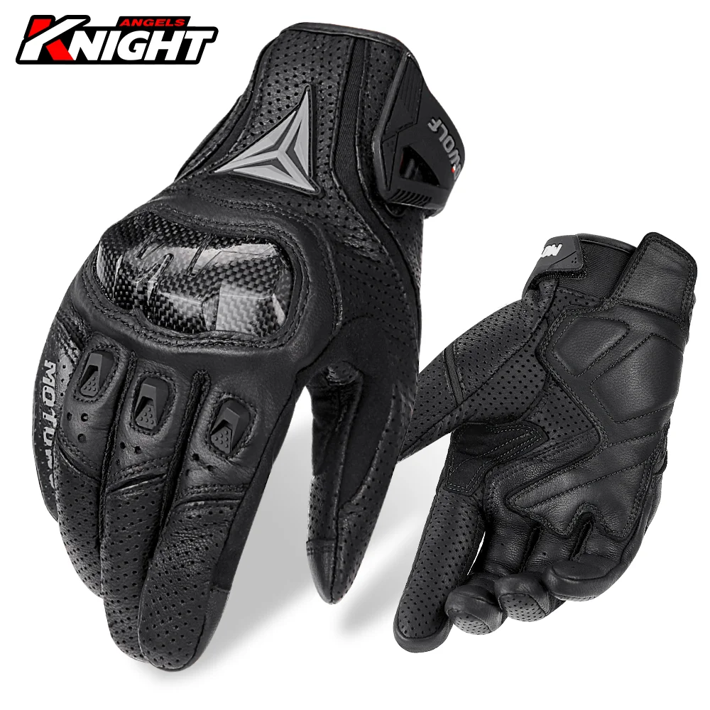 Motorcycle Leather Gloves Carbon Fibre Waterproof Touch Screen Non-slip Four Seasons Motorbike Gloves Perforated Ventilate