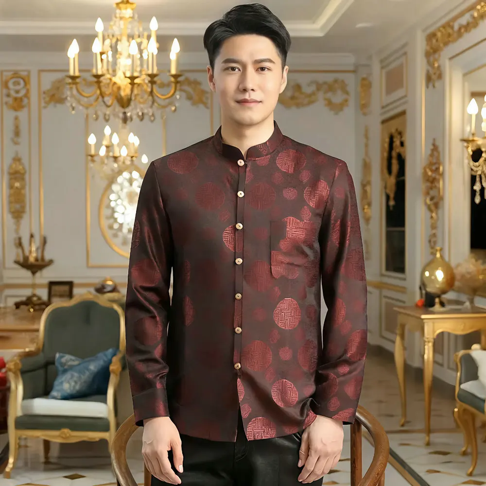 

Old Money Style Men Red Brown Heritage-Infused Silk Tunic Coat Auspicious Tuanhua Pattern Vintage Jacket Male Tangzhuang Outfit