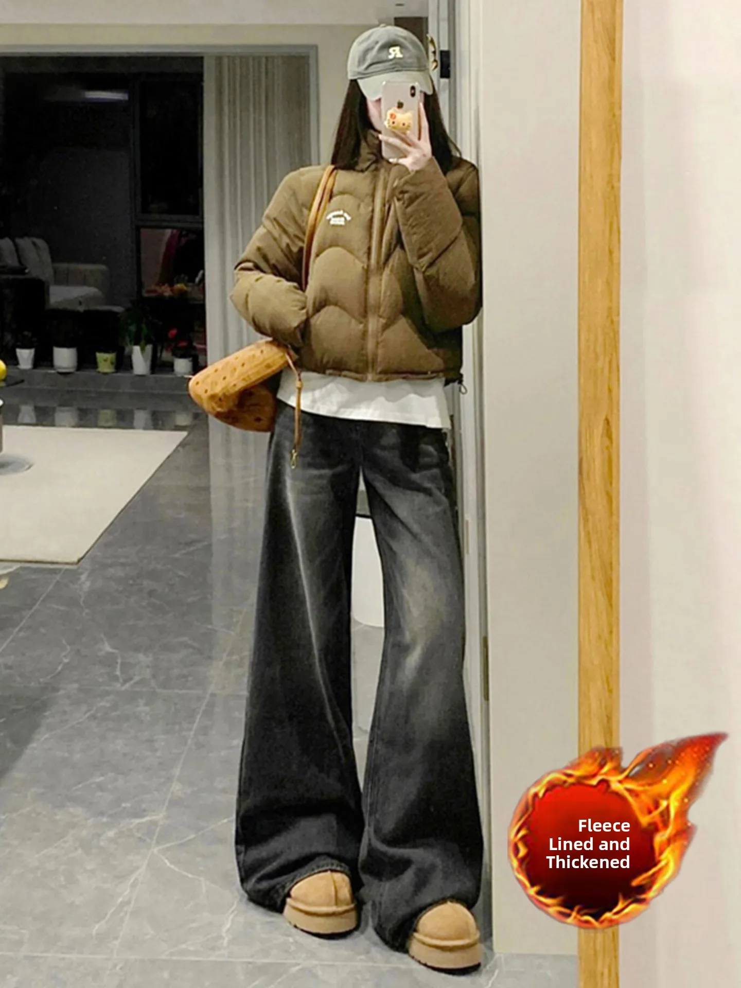 

High Waist Bell Bot Denim Jeans Women's Fce Lined Thiened Slimming Non Fitting Hoof Pants Autumn Winter