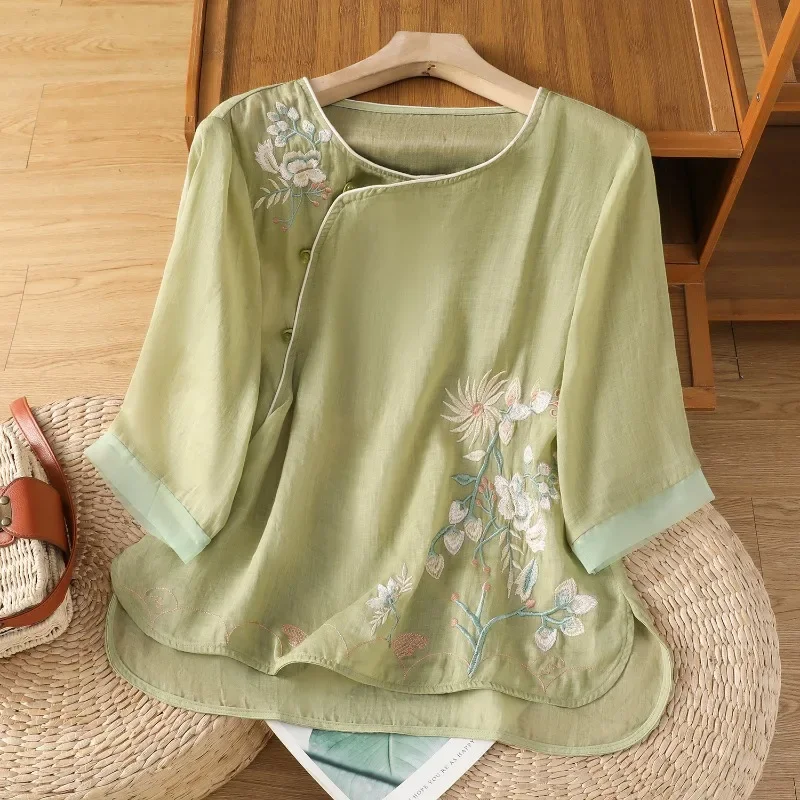 

Chinese Style Women's Blouses Embroidery Shirts Fashion Loose Summer Clothing Short Sleeve Korean Cotton Linen Women Tops