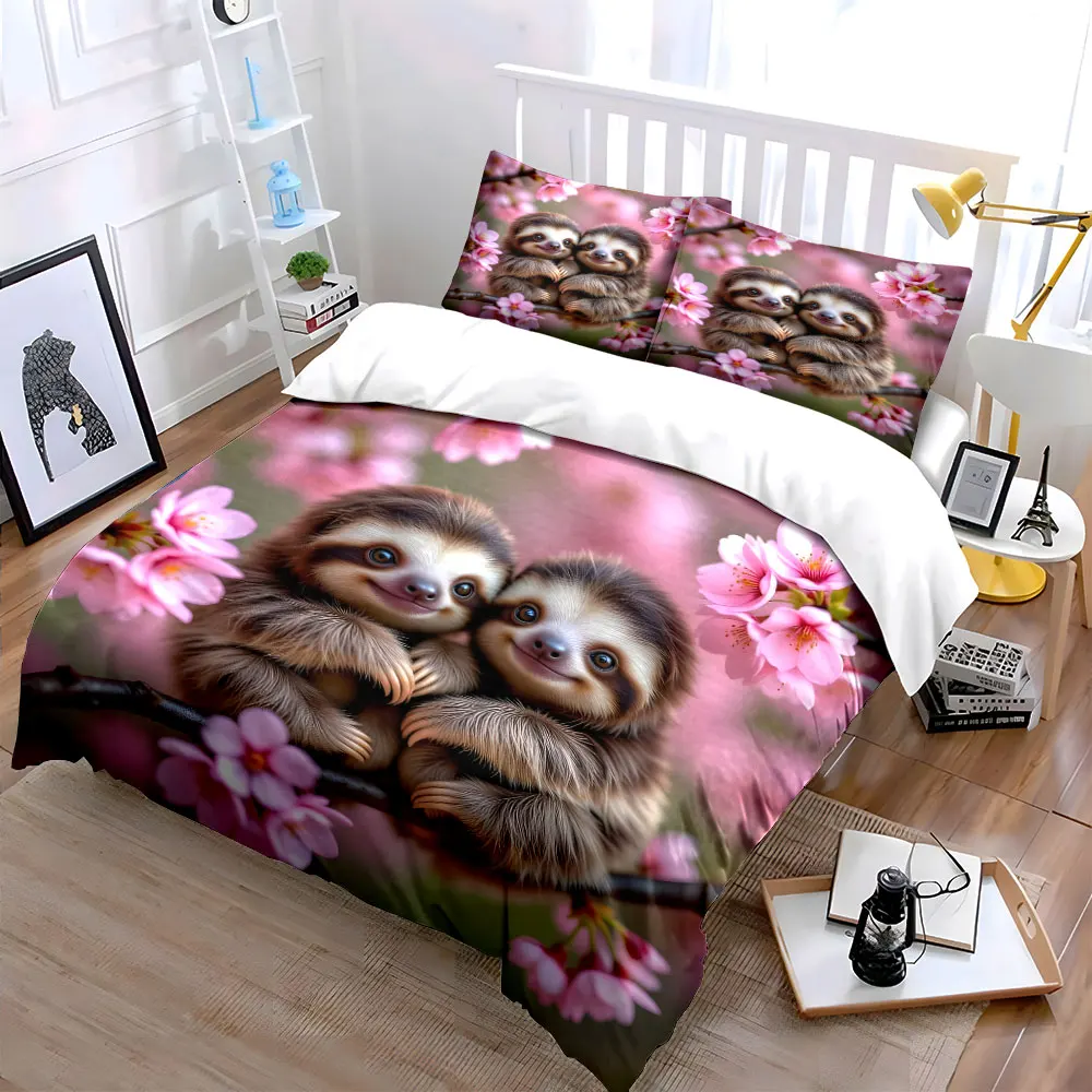 Small animals snuggle on spring branch Printed Duvet Cover Set1 Duvet Cover+2 PillowcaseMulti Size Bedroom Bedding Decor