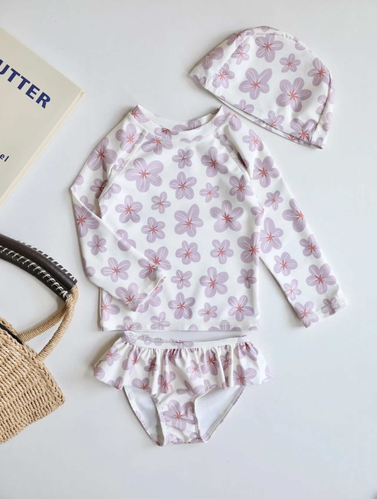 Girls Swimwear Summer Long SLeeve Cherry Floral Printed Toddler Ruffle Swimsuit Beach Wear Trunks Monokini Bathing Suit