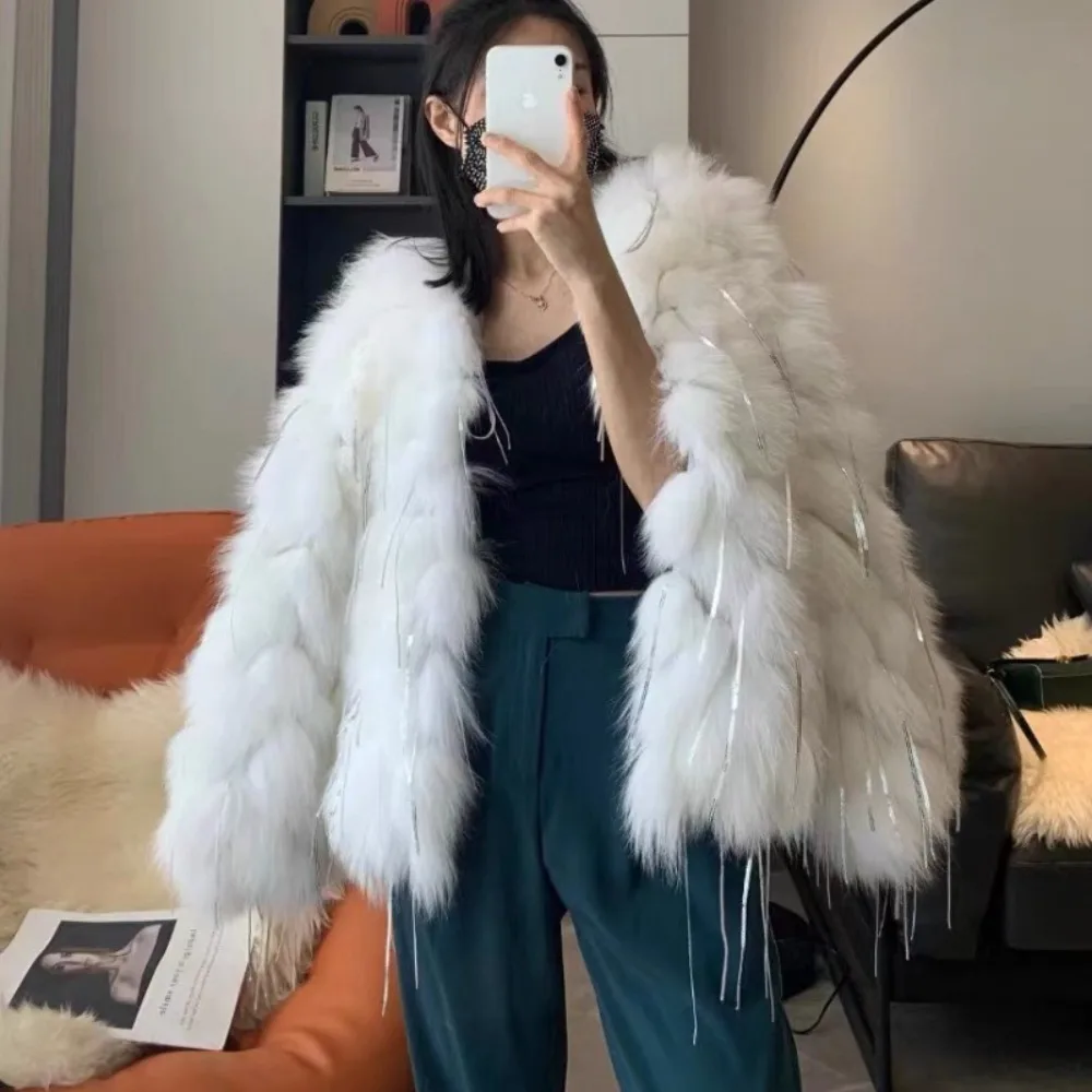 معطف الفرو الطبيعي موضة معطف فرو الثعلب مع شرابات شتاء دافئ معطف الفرو النساء معاطف ريال فوكس سترات من فرو سميكة Hotsweet