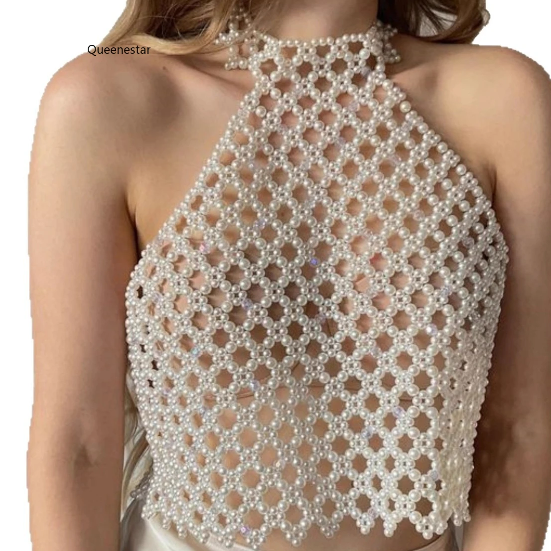 Wholesale Hand-woven Plastic Pearls Vest Tank Bra Chain Halter Tops Adjustable Party Show Hollow Out Costume Body Chain Jewelry