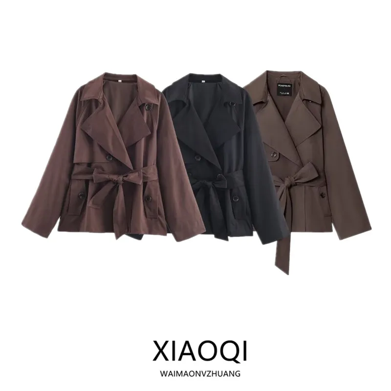 

Autumn 2025 Women's ort Loose Coat with Belt Versatile Outerwear Commute Sle Long Sve Suit Collar Double Button Pure C...