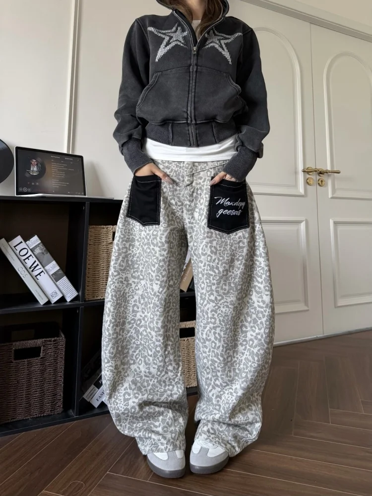 

American Retro Leopard Print Color Block Wide Leg Pants Women Loose Hip Hop Street Style Jeans Casual Knife Pants