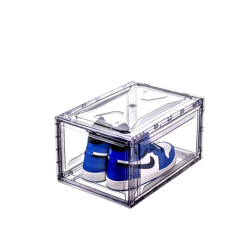 Transparent plastic sneakers stackable shoe storage box front drop glue drawer type magneticshoe box