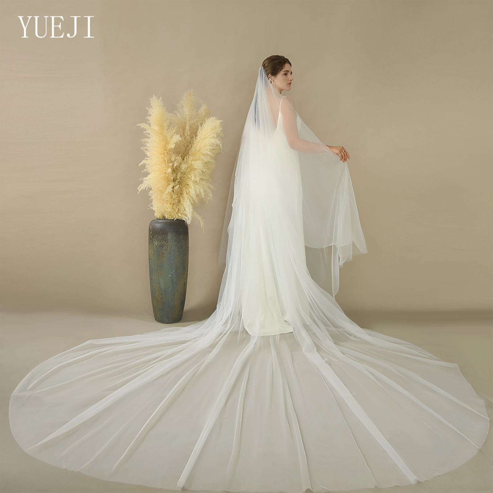 YUEJI Minimalist Style Double Blush Veil Pure Color Transparent Cathedral Trailing Veil 90cm Fingertip Length Blush V25-L