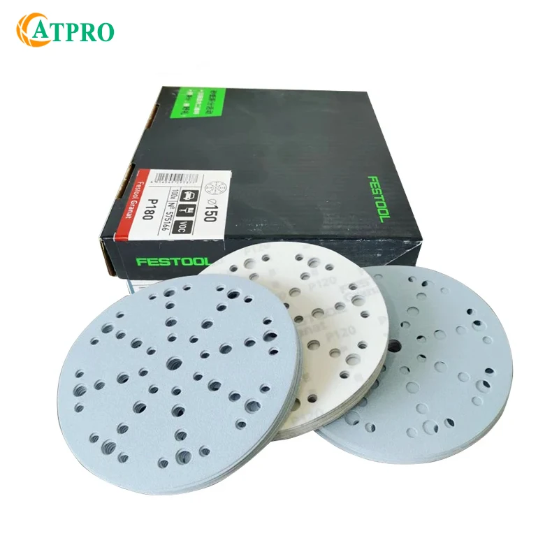 10pcs FESTOOL 6-inch 48-hole Sandpaper 150mm Round Flocking Dry Ground Sandpaper Car Paint Dust-Free Sanding Disc Abrasive