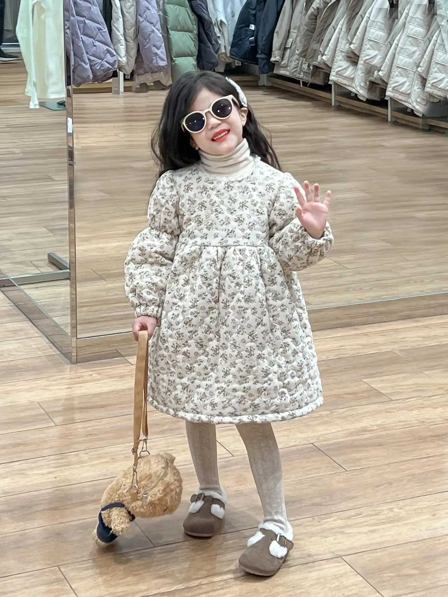 2025 Baby Girl Winter New Style Cotton Flower Picture Dress Thick Fashion and Warm Puff Sleeve Kids Clothes