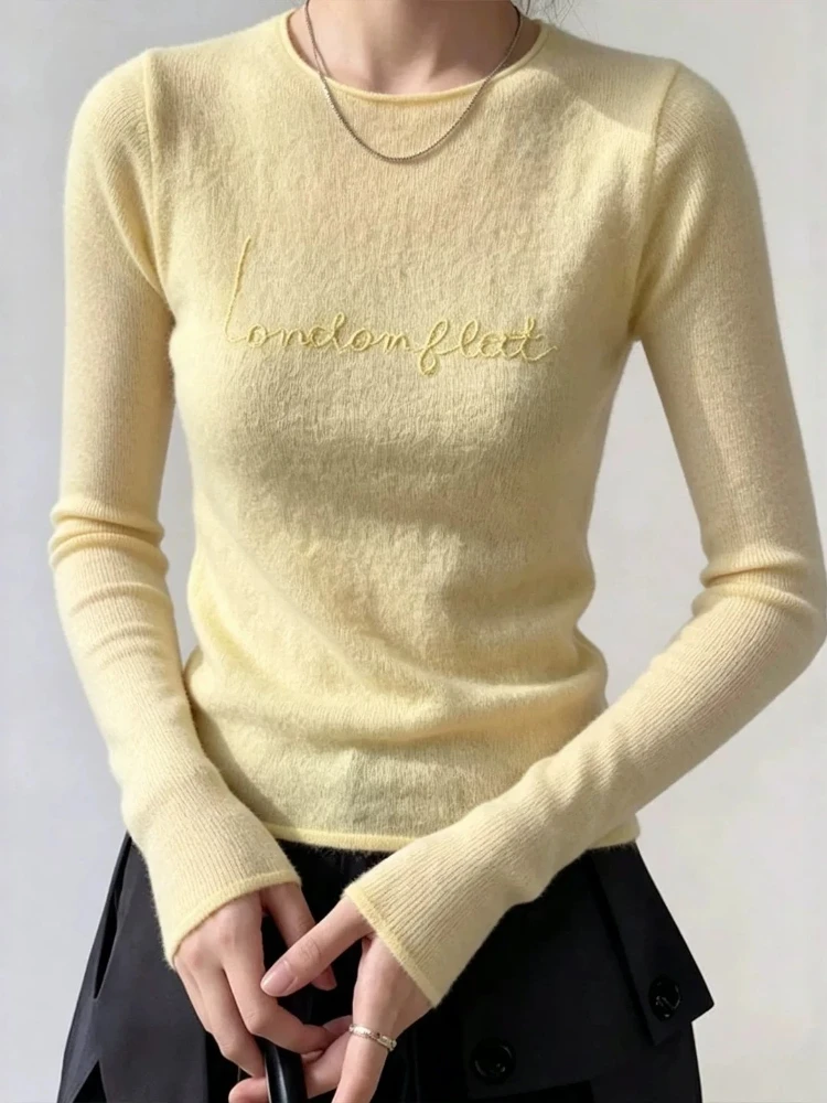 Korean Style Women's Slim Fit Knitted Top Embroidered Inner Wear Long Sleeve Soft Polyester Fiber Breathable Comfortable