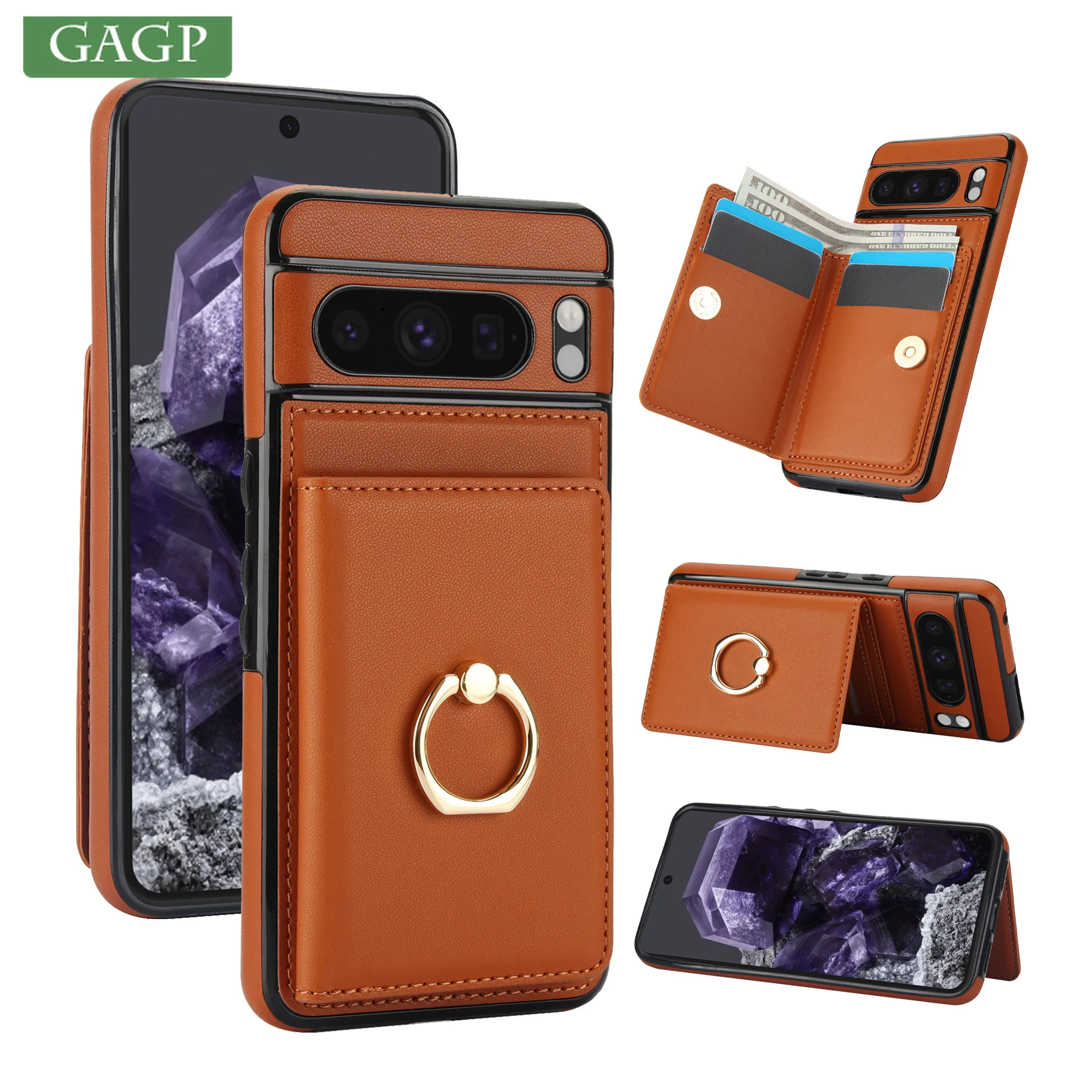 

Business Leather Wallet Card Slot Bag Bracket Case For Google Pixel 8 Pro 8 A 6 A Finger Ring Stand Holder Cover For Pixel 8 Pro