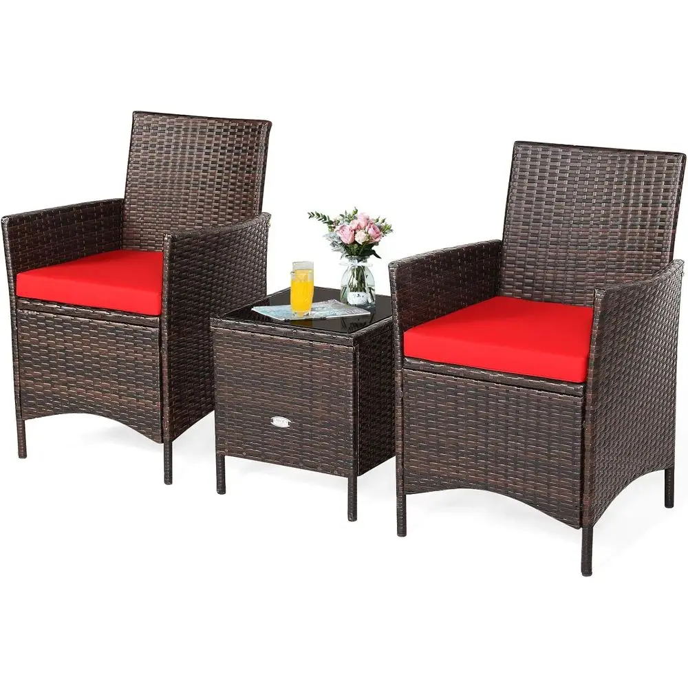 

All-Weather Wicker Patio Set with Glass-Top Coffee Table and Cushions for Outdoor, Garden, or Poolside (Red)