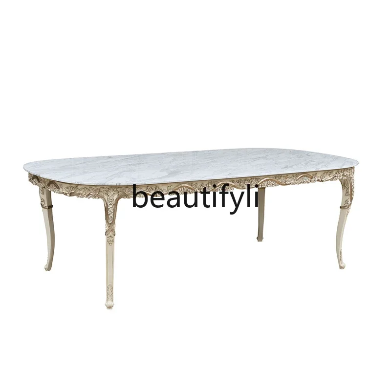 

French court style marble dining table and chair combination 2M solid wood European dining table luxury