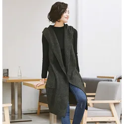 New Autumn Open Stitch Sweaters Fashion 2023 Women Casual thicken Sleeveless Waistcoat Ladies Hooded Long Knitted Cardigan Women
