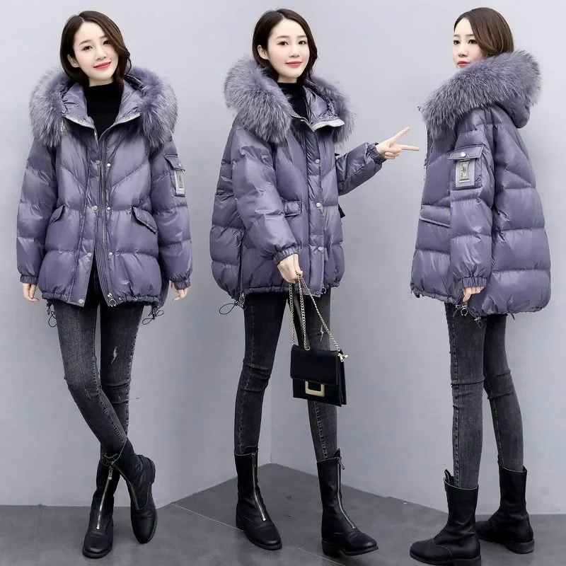 

Down Padded Jacket New Women's Medium Length Korean Version Loose Padded Coat Big Fur Collar Winter Coat Simple Fashion Warm