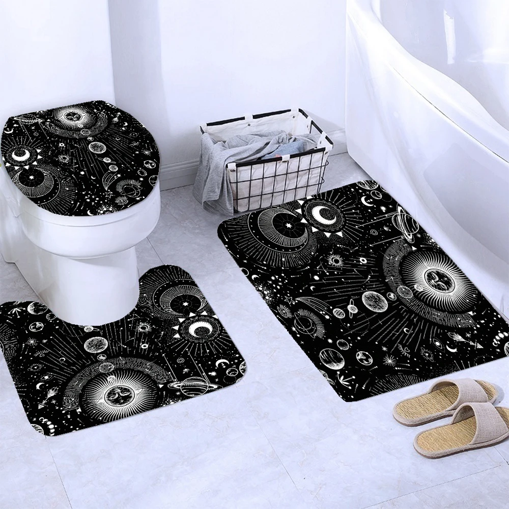 Black White Sun Moon starry Shower Curtain Set Bathroom Shower Curtain Non-Slip Bath Mat Toilet Lid Cover Polyester Waterproof