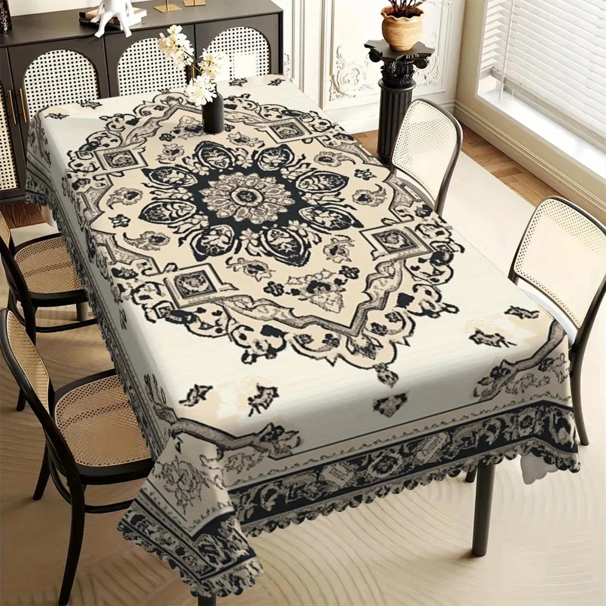

Elegant Damask Waterproof Polyester Tablecloth 2D Flat Printed Vintage Table Cover For Dining Room Kitchen Home Decor