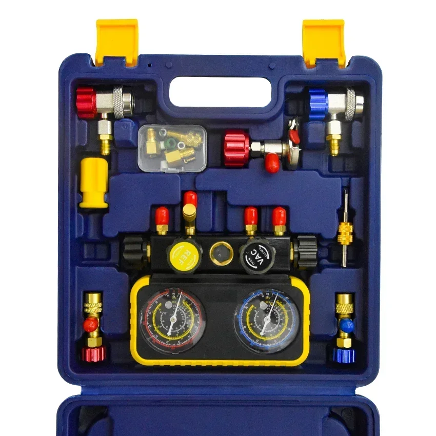 1 Set 4-Wege-A/C-Verteilermessgerät-Set, passend für R134A, R410A, R32, R22, Kältemittel, Klimaanlage, Fluorid-Werkzeug-Set mit Schlauch
