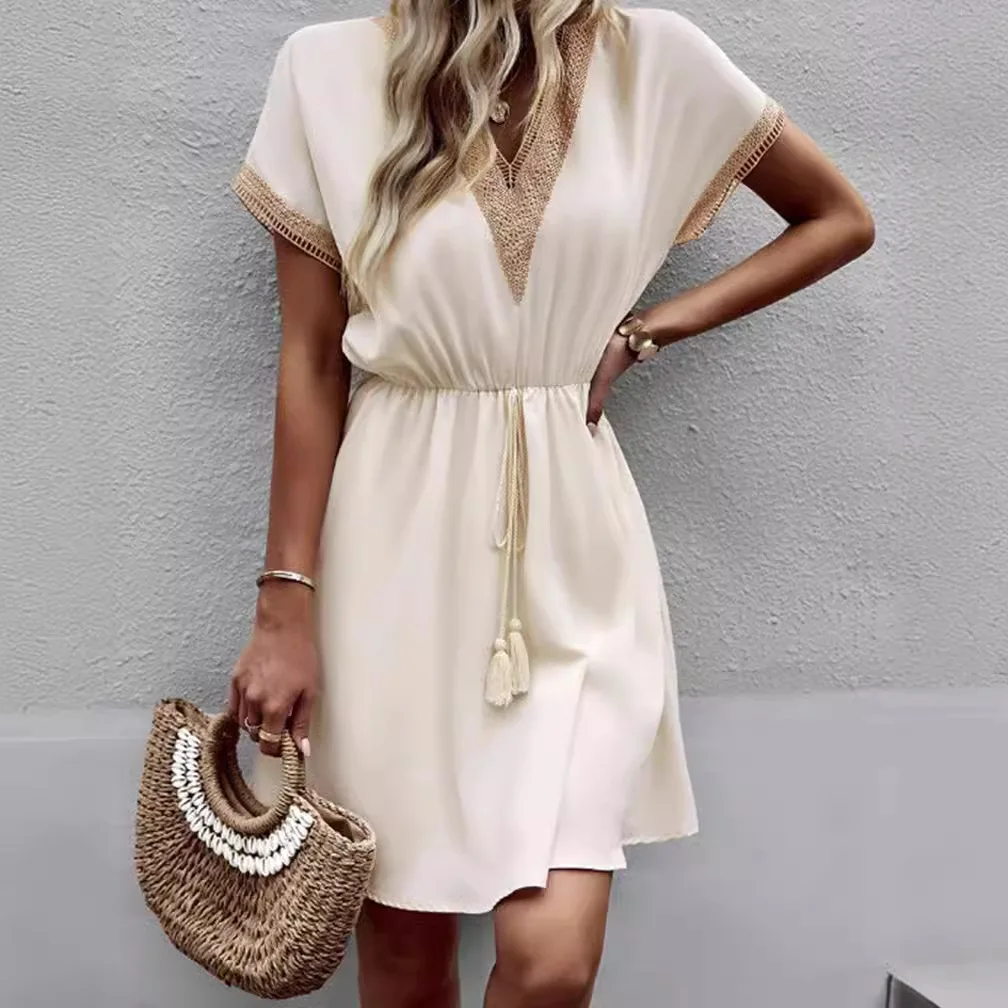 2024 Fashion Deep V Neck Mini Dress All Match Pleated Hem Women Short Sleeve Casual Ruffle A-line Tunic Dress Streetwear