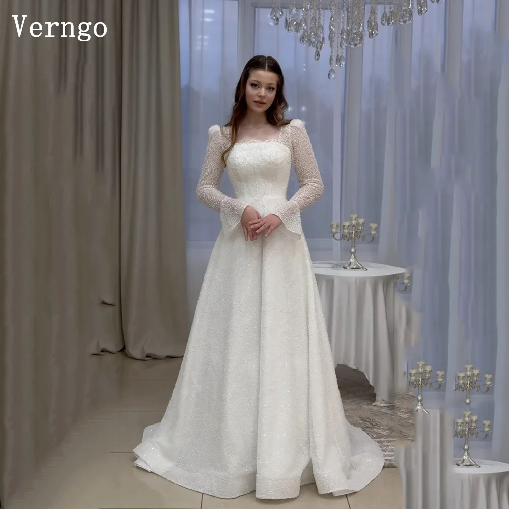 

Verngo Sequined Glitter Bride Dresses O Neck Full Full Sleeves A Line Wedding Dress Sweap Train Elegant Bridal Gown Customized