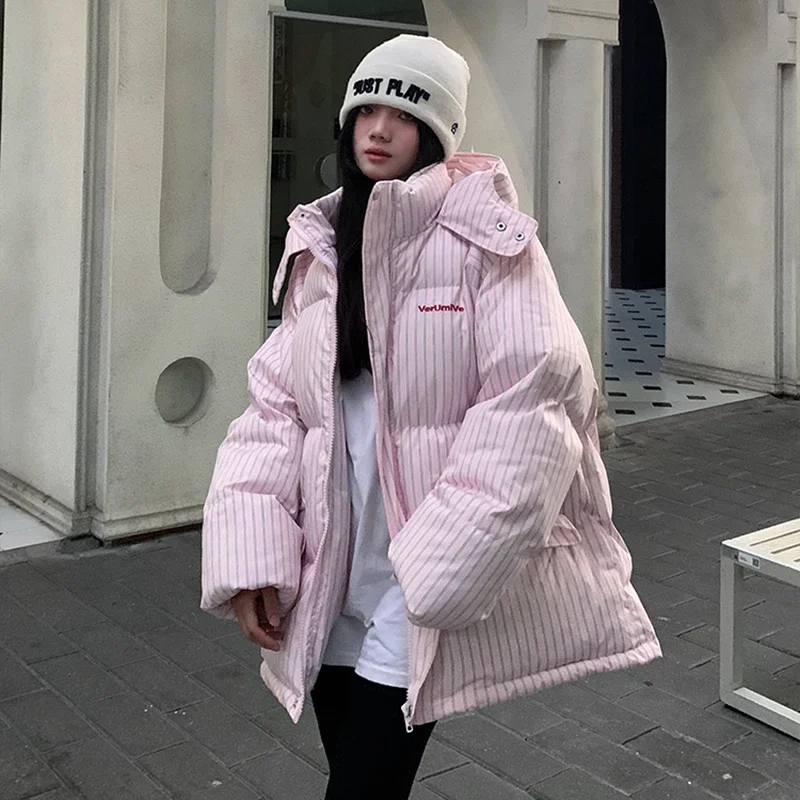 

Overcoat 2025 Parkas Fashion Temperament Striped Warm Hooded Women's Quilted Cotton Coat Winter Loose Casual Women Cotton Coat