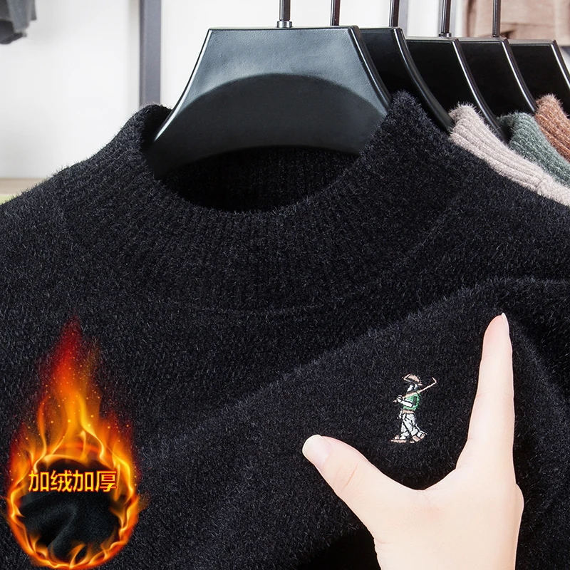 

New Mink Fur Semi High Neck Sweater for Men, with Thick and Integrated Fleece for Warmth, Knitted Base Sweater